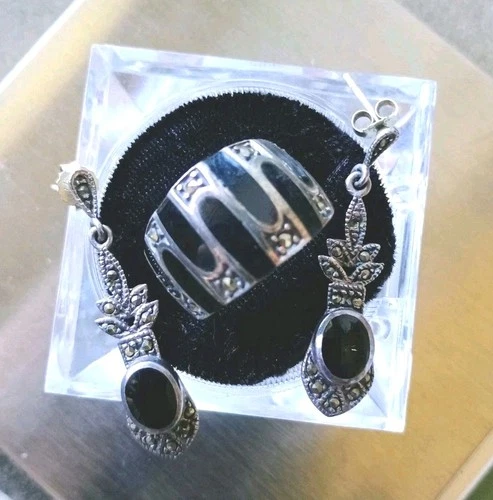 Vintage Sterling Silver Marcasite & Black Onyx Ring Earrings Set Sz 9