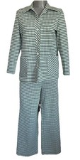 Vintage 60/70  s Green Houndstooth Pantsuit Mod Utility Chic Polyester Collar