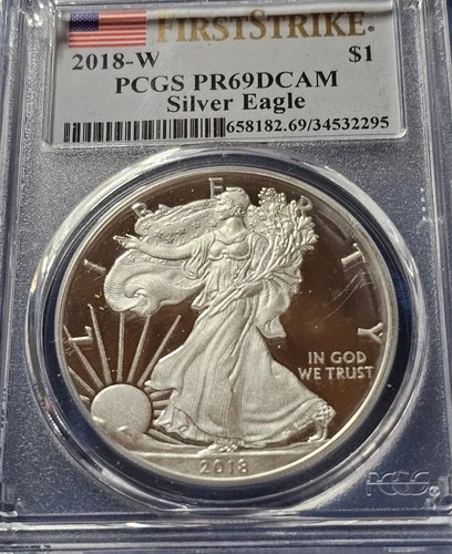 A 2018-W American Silver Eagle Dollar PCGS PR69 DCAM First Strike Flag