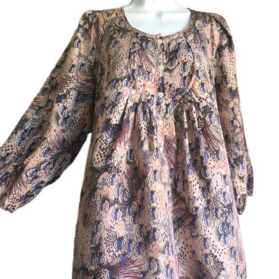 Rutzou 100% Silk Japanese Asian Print Flowy Tunic Top Blouse Boho Artsy US 14