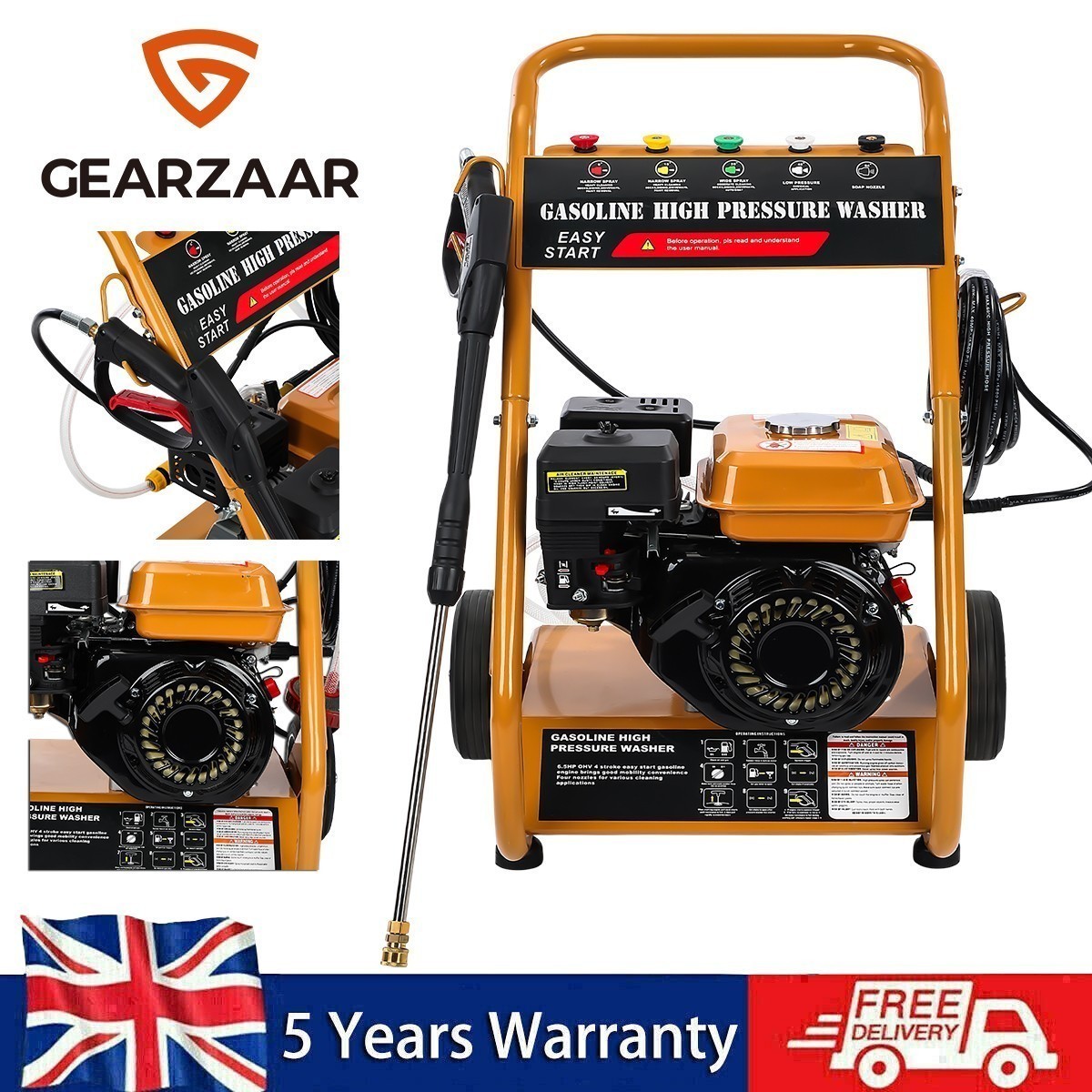 Heavy Duty Petrol Pressure Washer 7HP 3950 PSI 5 Nozzles Jet Wash High Power