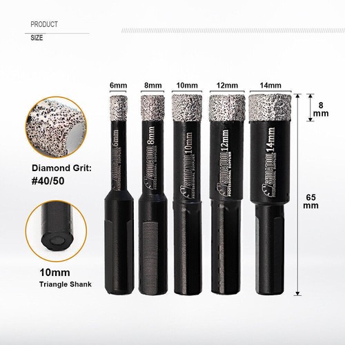 5pcs 6/8/10/12/14mm Diamond Core Drill Bits Kit Dry Hole Saw Cut Ceramic Tile - Afbeelding 2 van 14