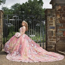 Princess Flowers Pink Tulle Quinceanera Dresses Ball Gown Appliques Sweet 15 16