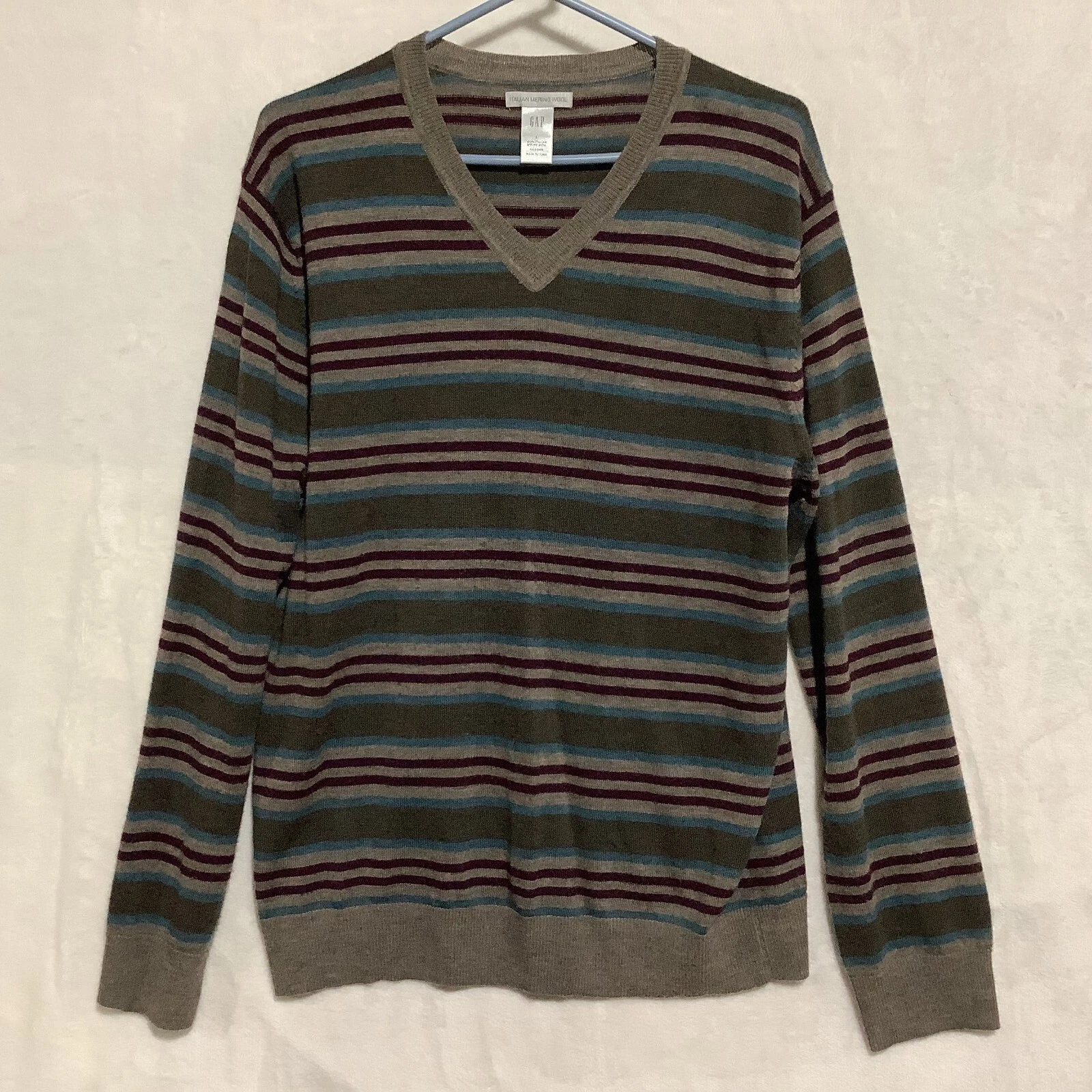 Gap Striped Sweater 100% Italian Merino Wool V-Neck Size L Preppy Classy Jumper