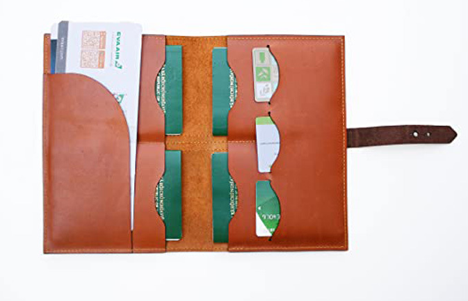 Cow leather bifold passport holder wallet with card slots brown H308-image