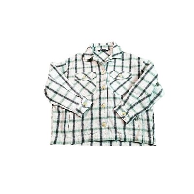 ZARA Oversized White Green Plaid POCKETS Shacket Button