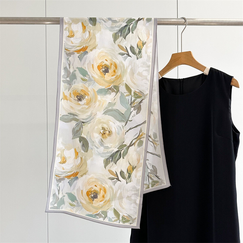 100% Pure Silk Crepe Rose Print Gray Oblong Scarf Shawl Neckerchief-image