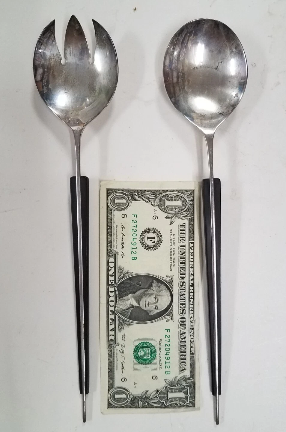 CELSA STERLING EBONY HANDLES SALAD SERVING SET 1950S MID CENTURY MODERN MEXICO!!