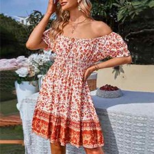 Vestito Abito Donna Corto Bohemian Rosso Leggero Fiori Boho Chic Colorato 51665