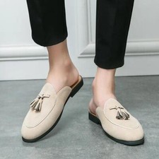 Summer Men Mules Faux Suede Casual Party Slippers Loafers Round Toe Tassel Flats