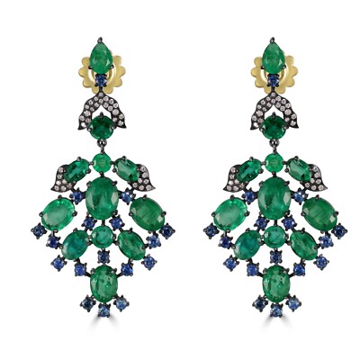 Victorian 19.68 Cttw. Emerald, Blue Sapphire and Diamond Dangle Earrings