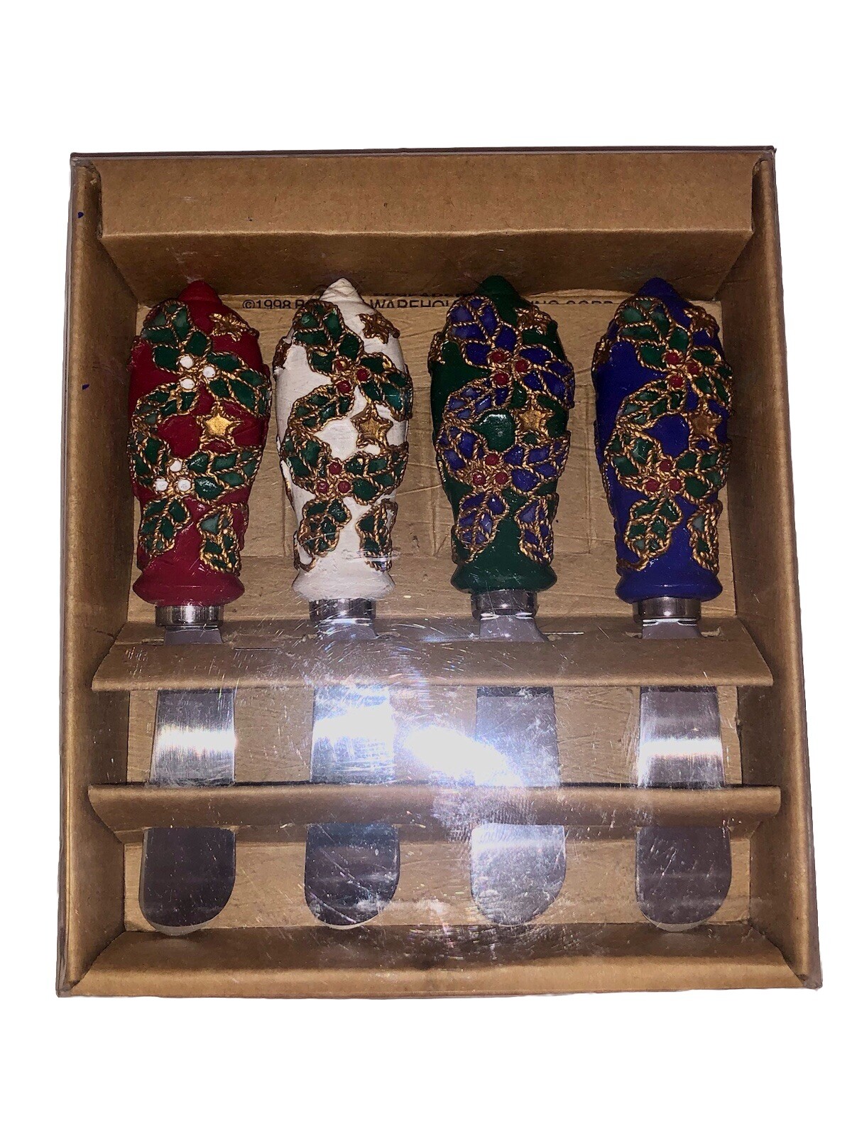 Vintage Boston Warehouse Spreaders Charcuterie set of 4 Knives Christmas Holly