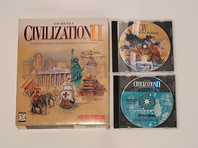 Sid Meier CIVILIZATION II Big Box + Scenarios + Fantastic Worlds MicroProse PC