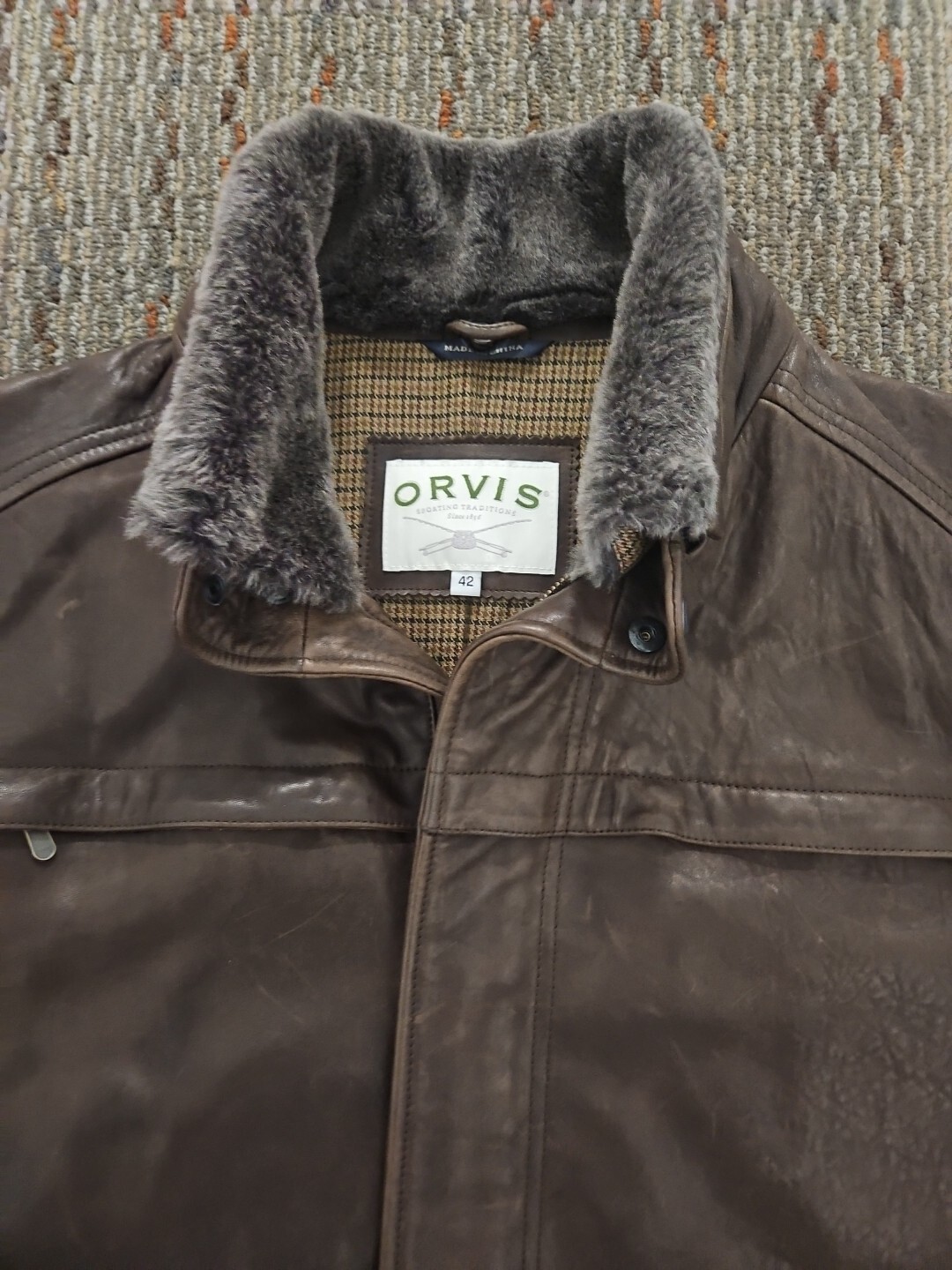 ORVIS Leather Bomber Jacket Brown Genuine LEATHER FUR LINED XL EUC eBay