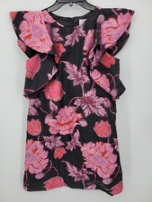 Belle Badgley Mishka Dress Womens 4 Black Pink Floral Bell Sleeve Sheath