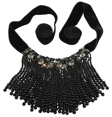 Prada Couture Necklace VTG Velvet Tie Closure Rhinestones Black Dangles Beads