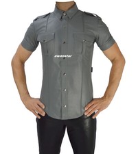 awanstar grey leather shirt slim fit gay high quality leather shirt, police shirt