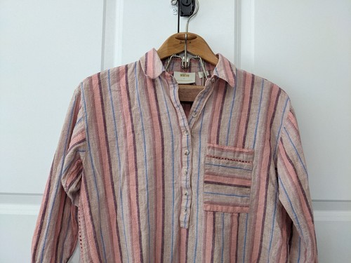 Anthropologie Maeve Top Womens S Pink Stripe Lida Linen Blend 1/2 Button Blouse - Picture 2 of 6