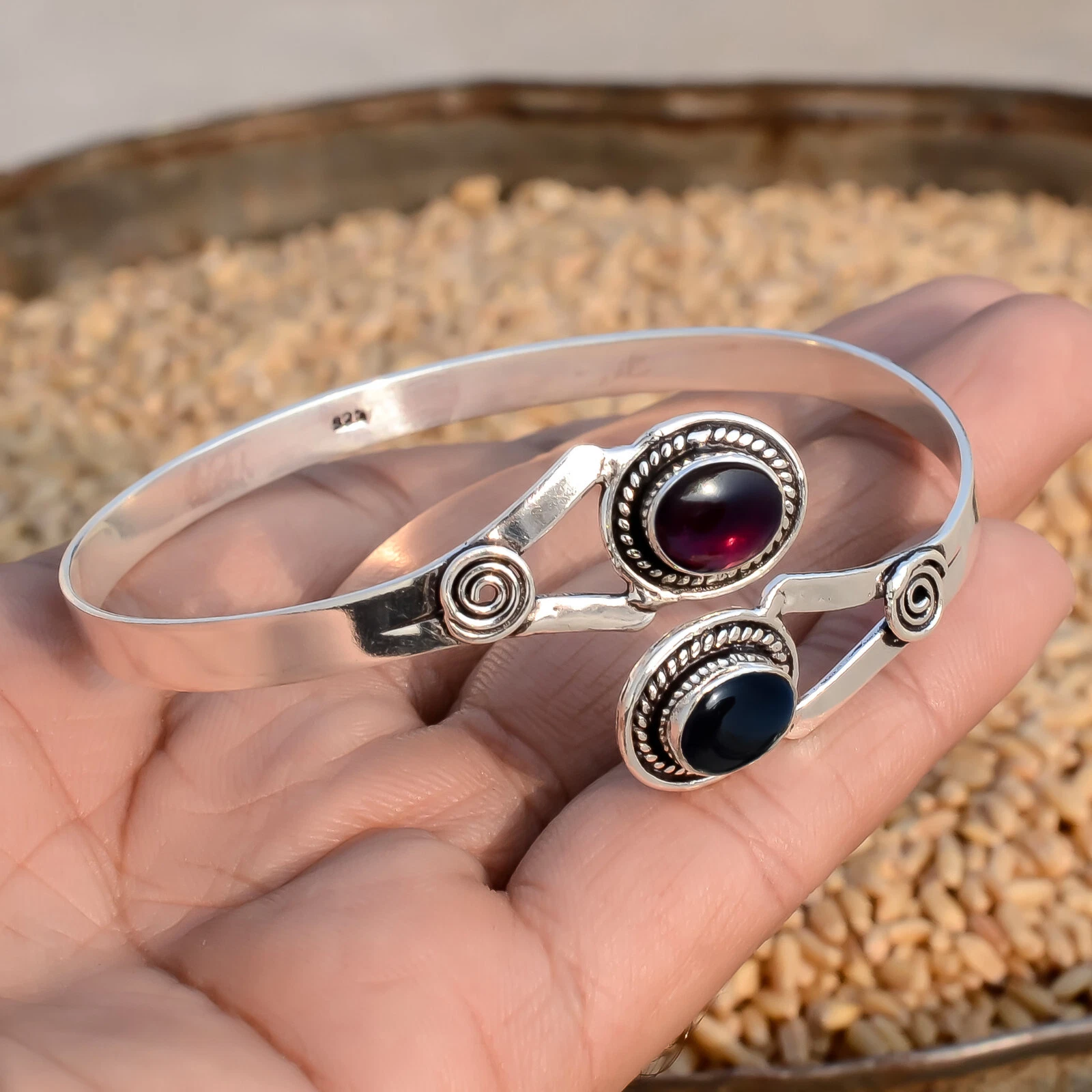 VALENTINO Bracciale Braccialetto Granato & Onice Nero Mozambico Argento Sterling 925 Elegante