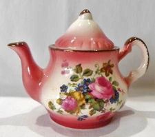 Mini Teapot Marwood Pottery England Pink Roses & Copper Luster Trim