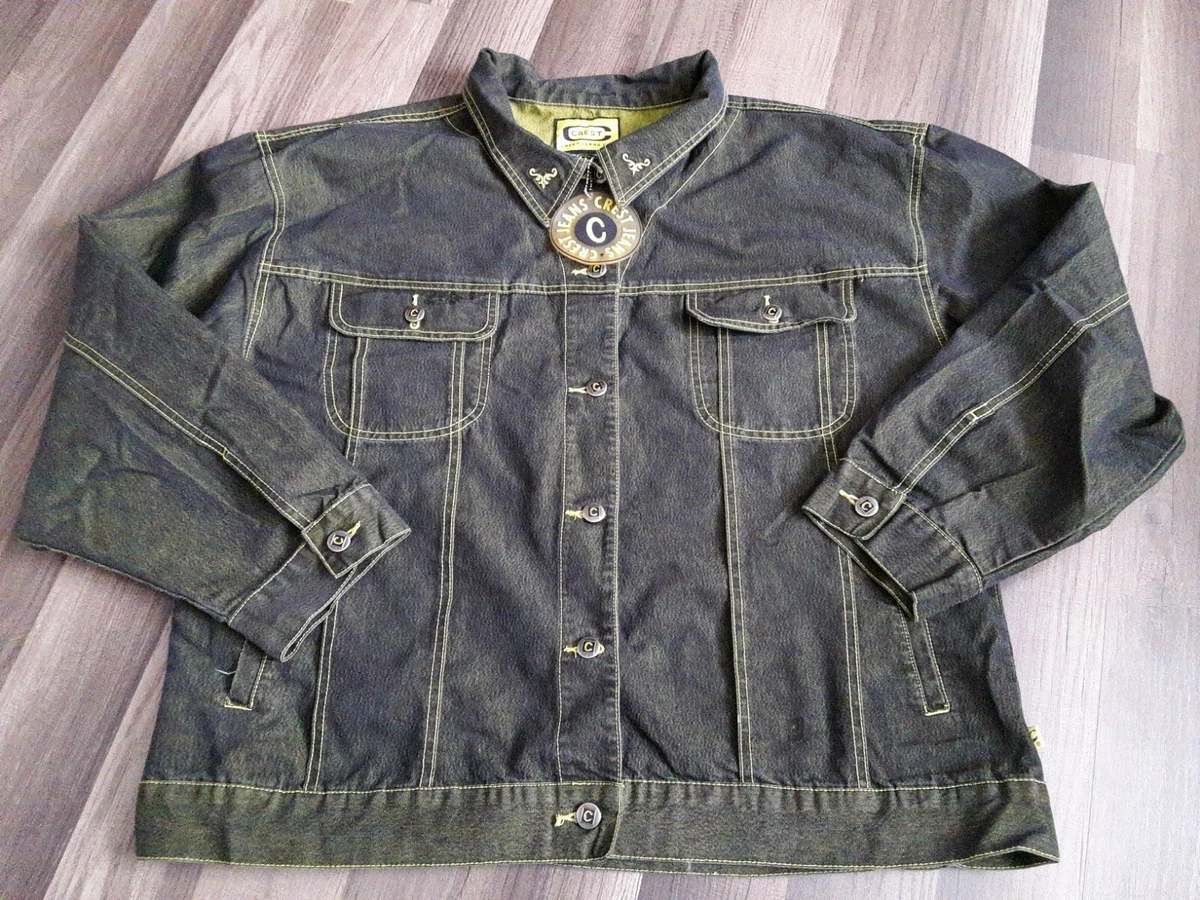 VTG 90s Crest Denim Jean Jacket Black Yellow Stitch Mens XXL HipHop w keychain