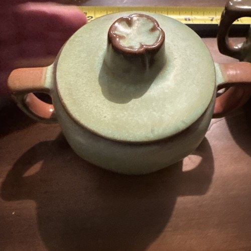 Vtg Frankoma Pottery Prairie Green Plainsman Cream & Sugar w/Lid, 5A & 5B - Picture 2 of 8