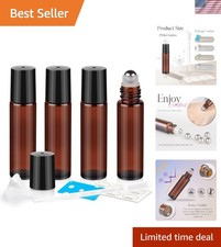 4 Pack 10ml Refillable Amber Glass Roller Bottles for Essential Oils - Leak-P...