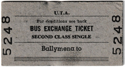 ULSTER TRANSPORT AUTHORITY ( UTA ) Ballymena - Blanko Bus Exchange Ticket