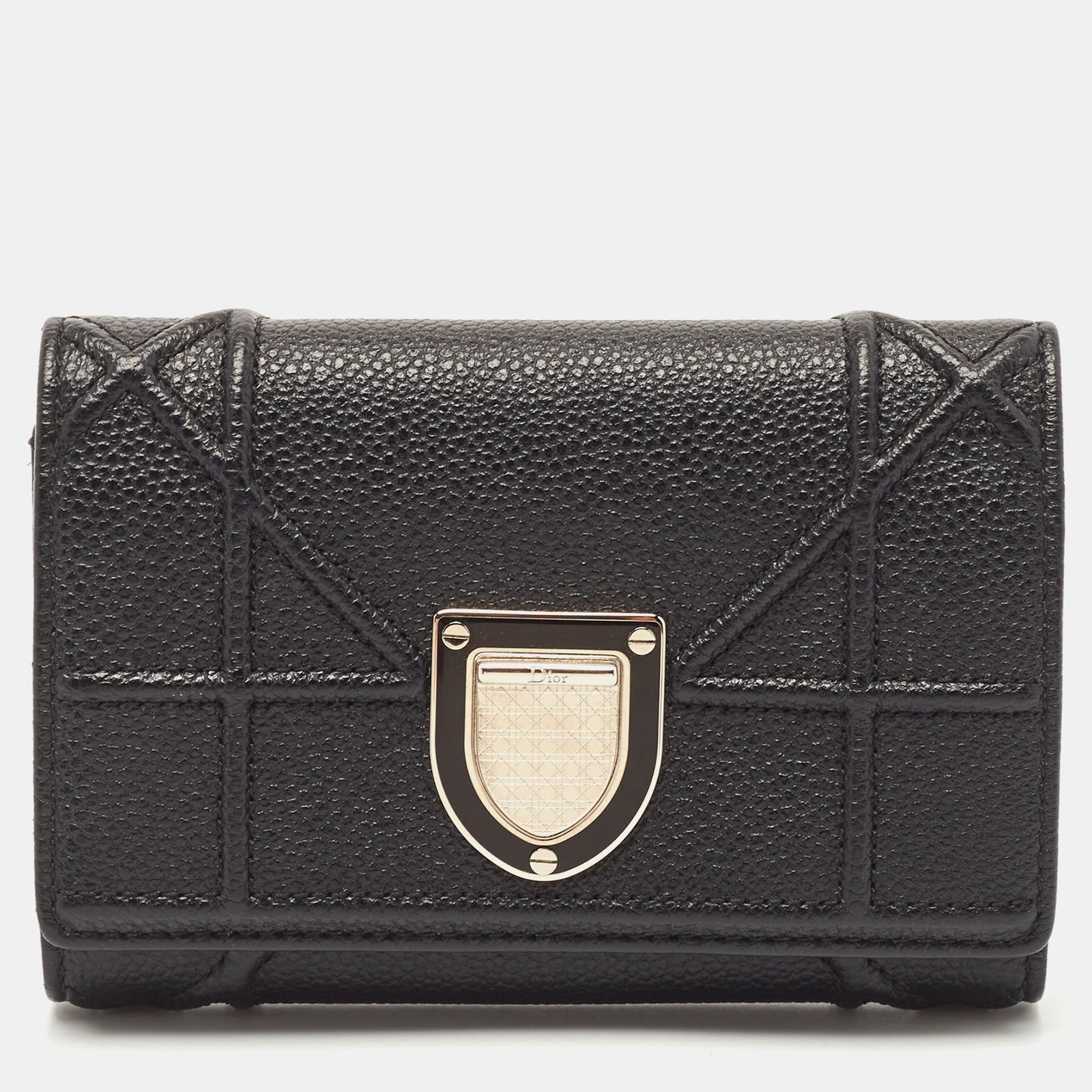 Dior Black Leather Diorama Trifold Wallet with Card Slots