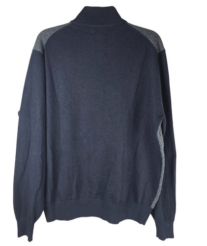 Neiman Marcus Navy & Gray Herringbone 1/4 Zip Merino Wool Blend Sweater Mens L - Picture 2 of 10