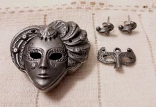 Torino Pewter Vintage Trinket Set Mardi Gras Mask Brooch Earrings Pendant 4 Pc