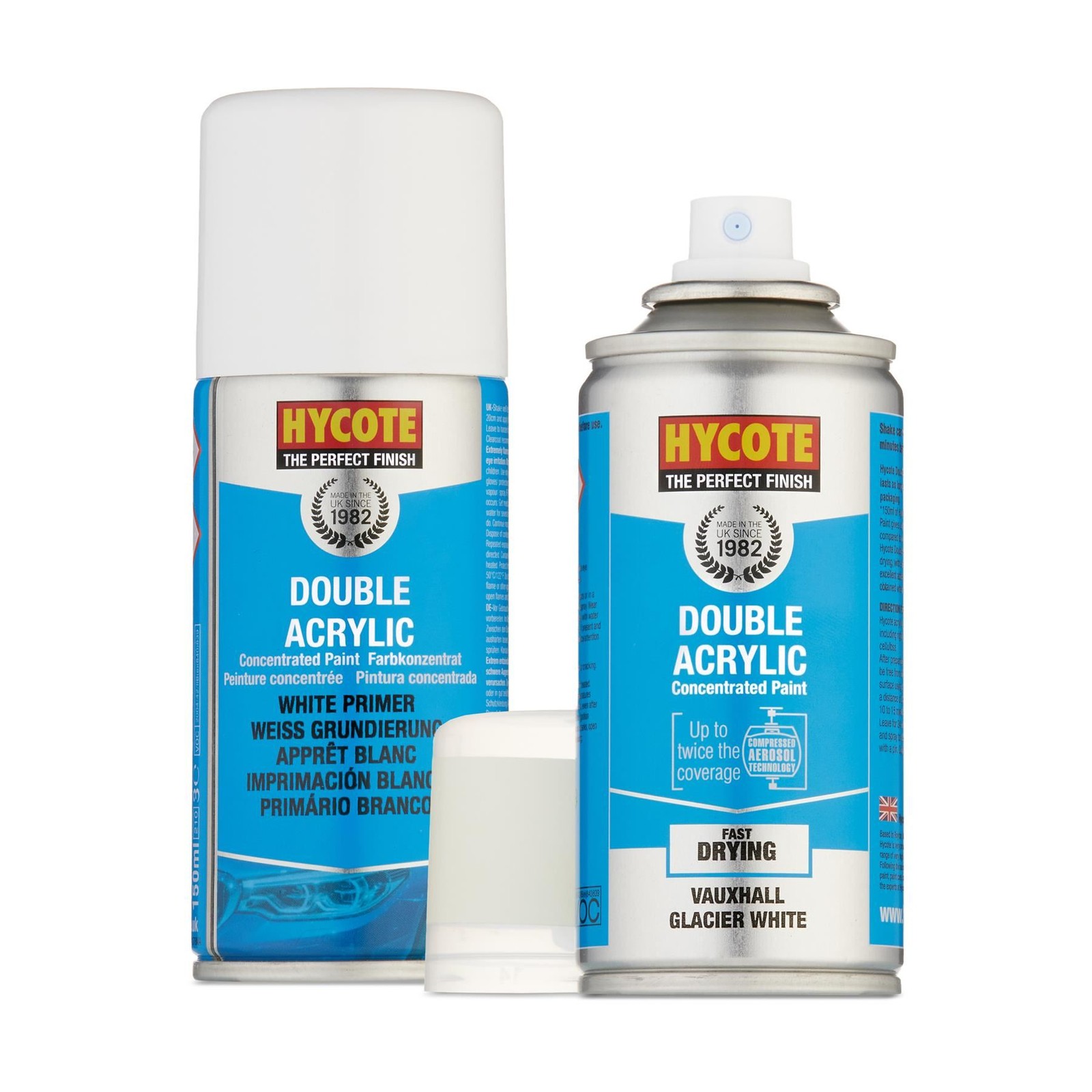 Hycote Spray Paint Double Acrylic Vauxhall Glacier White 150ml + White Primer