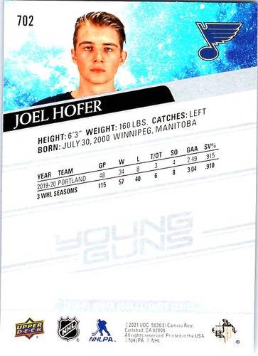 2020-21 Upper Deck #702 Joel Hofer Rookie - Bild 2 von 2