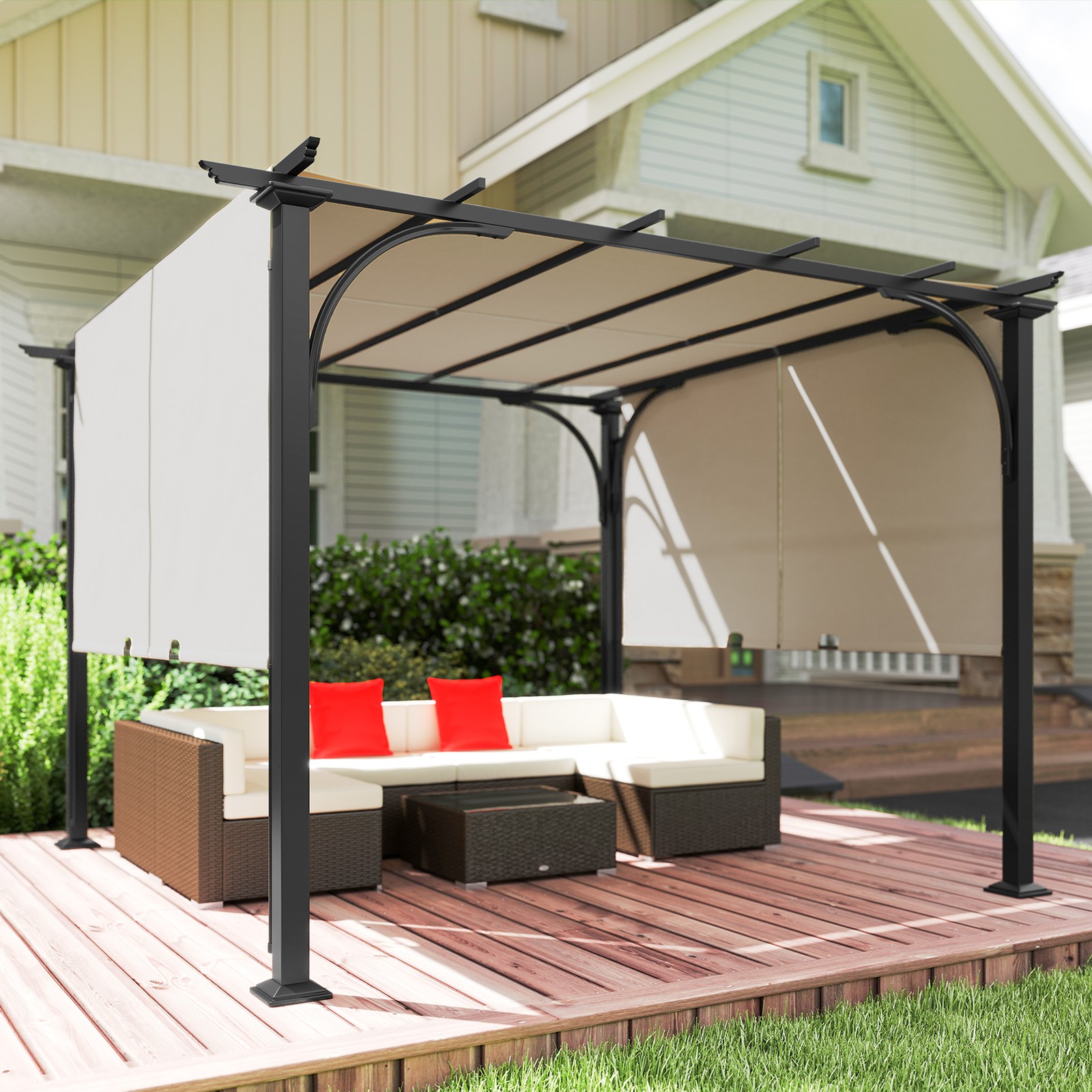 10' Outdoor Pergola Gazebo Retractable Side Canopy w/ Steel Frame, Beige