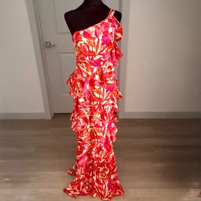 NWT Boohoo One Shoulder Floral Ruffle Maxi Dress Sz 6 Wedding Cocktail Resort