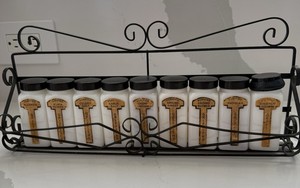 Griffith's Vintage Milk Glass 9 Spice Jars w/ Lids & Wall-Mount Metal Rack