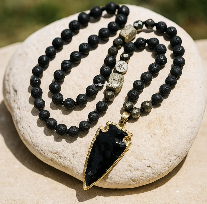 Collar Curativo Lava Obsidiana Mala Hombres Cuentas Anudadas Colgante Meditación Joyería Foto 2 de 4