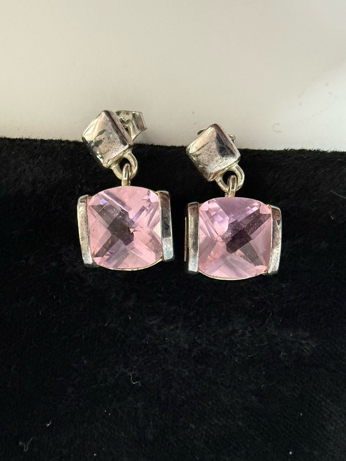 Pink Stone Silver Stud Square Dangle Earrings Sta… - image 1