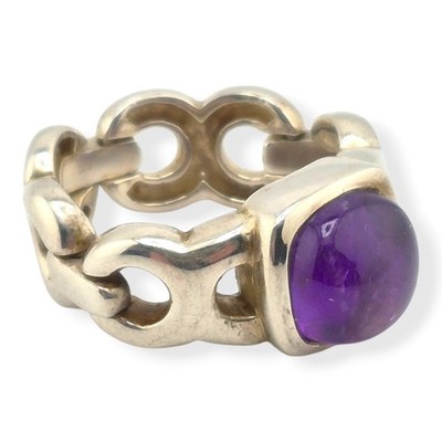 Angela Cummings AC STUDIO Sterling Silver Amethyst Cabochon Chain Link Ring Sz 9