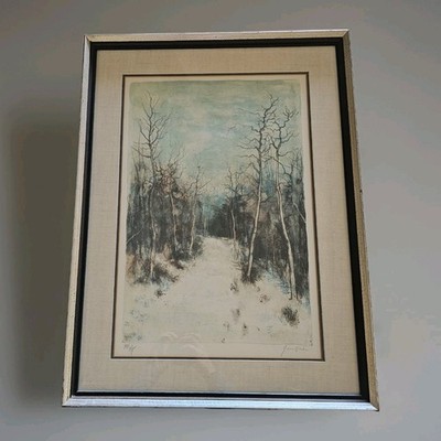 BERNARD GANTNER Trees In Winter Scene Watercolor Lithograph COA 25.5 X 19 Framed