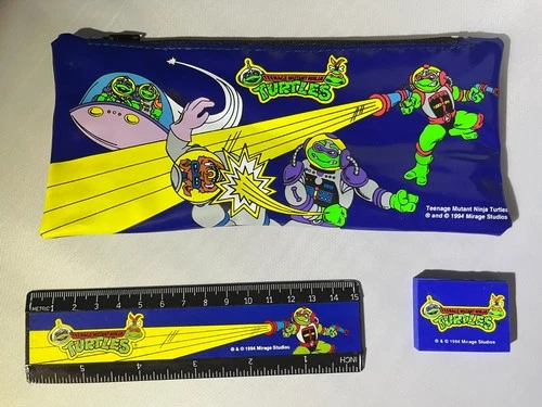 Vintage 1994 Teenage Mutant Ninja Turtles Space Pencil Case Bag, Ruler, Eraser