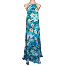 Show Me Your Mumu Bronte Maxi Dress Medium Teal Tropical Hibiscus Floral Resort