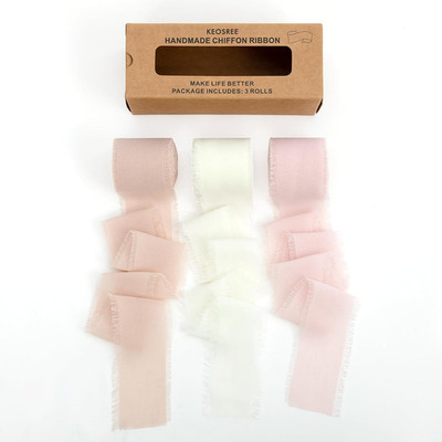 3 Rolls Nude & Cream White Handmade Chiffon Ribbon,1.5'' X 21Yd Frayed Fringe Sil