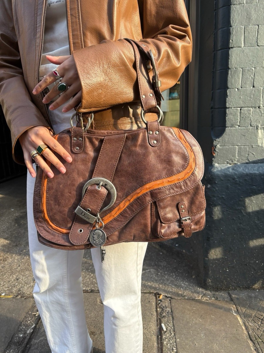 Preloved Christian Dior gaucho brown leather satchel double saddle bag  handbag