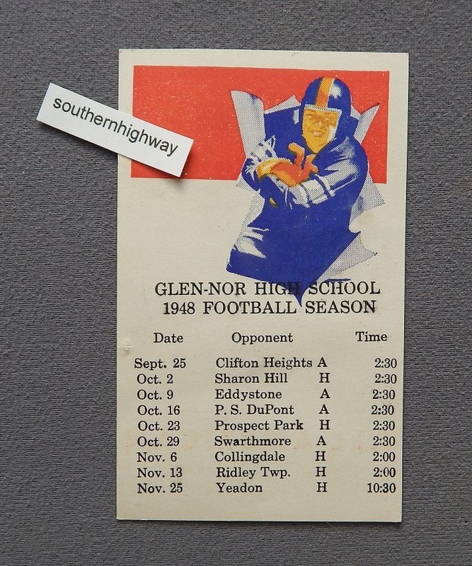 1948 Glen-Nor High School Football Pocket Schedule Glenolden Pennsylvania PA