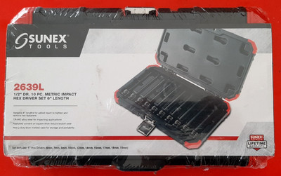 NEW Sunex Tools 2639L 6'' Long 1/2'' Drive Metric Impact Hex Bit Driver Socket Set