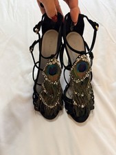 Sergio Rossi Black Suede Swarovski Crystal Peacock Embellished Platform Sandals