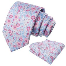 Mens Floral Necktie with Pocket Square for Wedding Party 129-light Blue pink