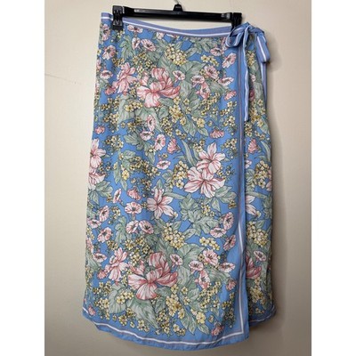 Max Studio Blue Floral Hibiscus Faux Wrap Midi Skirt