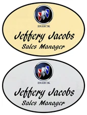 1 GOLD & 1 SILVER OVAL BUICK PERSONALIZED NAME BADGES W/ SAFETY PIN FASTENER